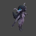 Purple Skinned Game Movie Character With Horns Long Black Hair Striped Body On Yellow Background