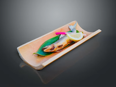 Tasty Grilled Fish Served with Lemon Slice Green Leaf and Pink Decoration on Wooden Plate 3d model
