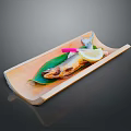 Tasty Grilled Fish Served with Lemon Slice Green Leaf and Pink Decoration on Wooden Plate