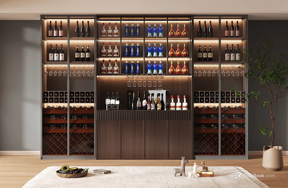 Modern Stylish Wine Cabinet With Various Wine Bottles Glassware And Layered Storage Shelves 3d model 