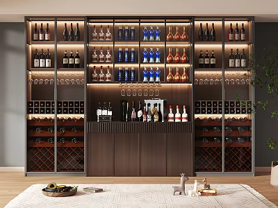Modern Stylish Wine Cabinet With Various Wine Bottles Glassware And Layered Storage Shelves 3d model