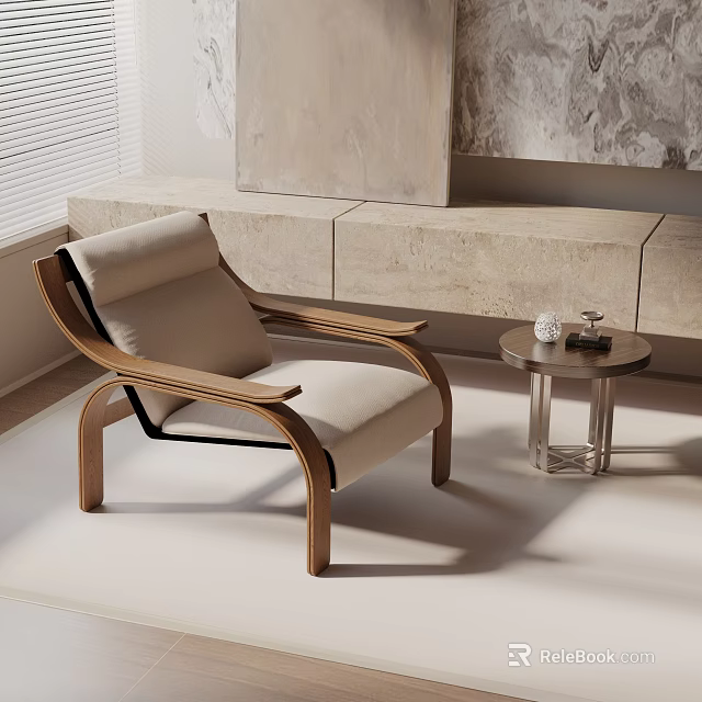 Modern Leisure Chair With Wooden Frame Light Beige Cushion And Side Table In Living Room 3d model 