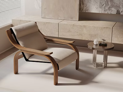 Modern Leisure Chair With Wooden Frame Light Beige Cushion And Side Table In Living Room 3d model