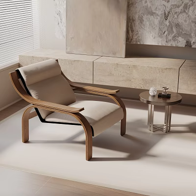 Modern Leisure Chair With Wooden Frame Light Beige Cushion And Side Table In Living Room 3d model