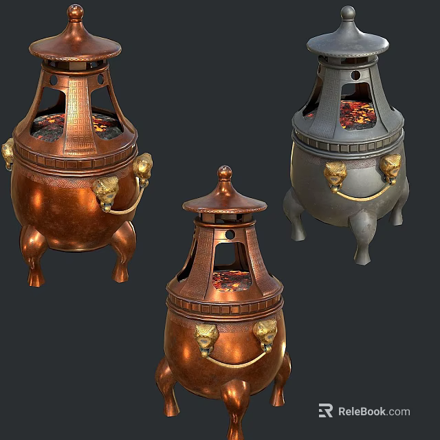 Vintage Style Decorative Stoves with Lion Head Handles Three Legged Design and Burning Embers 3d model 