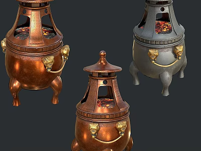 Vintage Style Decorative Stoves with Lion Head Handles Three Legged Design and Burning Embers 3d model