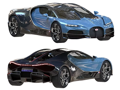Bugatti Sports Car With Sleek Design Blue And Black Exterior Front Rear Side Views 3d model