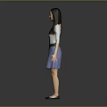 Woman standing with open hands in white top and light blue skirt against dark background