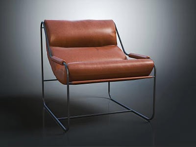 Modern Single Seater Sofa In Brown Leather With Sleek Metal Frame Design 3d model