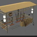 Outdoor Metal Frame Structure With Yellow Roof Lanterns Boxes And Ladder