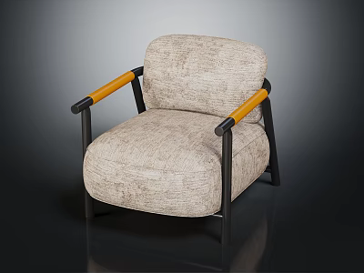 Modern Single Sofa With Beige Textured Fabric Wooden Arms And Black Metal Frame 3d model