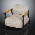 Modern Single Sofa With Beige Textured Fabric Wooden Arms And Black Metal Frame