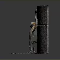 Bronze Cat Sculpture With Curled Tail Standing Against Rustic Stone Wall