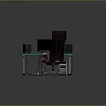 Modern Office Desk Setup with Computer Monitor Keyboard Mouse Red Chair and Silver Human Figure