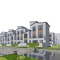 Modern Detached Villa Exterior Design With Courtyard Green Plants Pond And Street Lamps