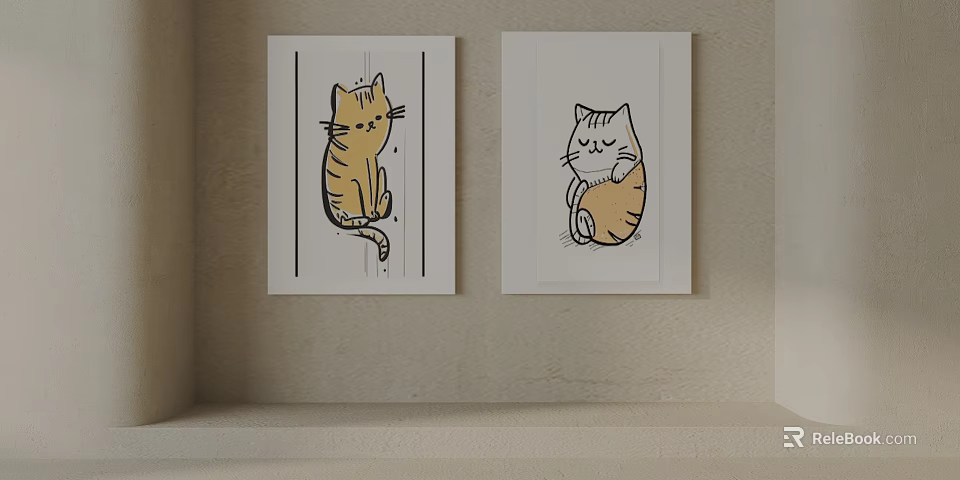 Two Cute Cat Illustrations in Simple Style Hanging on Beige Wall 3d model