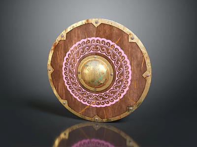 Medieval Wooden Shield with Golden Edges Intricate Decorative Patterns and Circular Center Carving 3d model