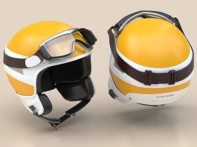 Two Yellow Helmets With White And Brown Accents And Goggles Design 3d model