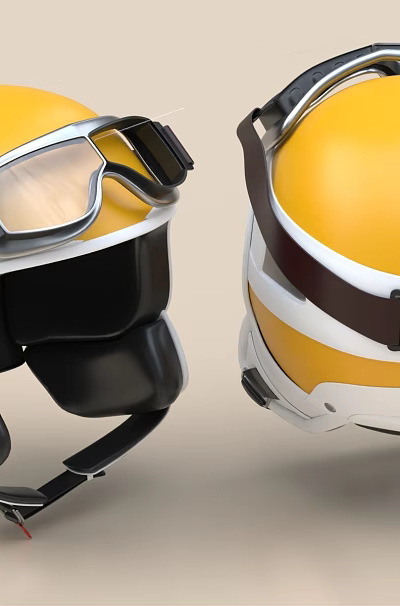 Two Yellow Helmets With White And Brown Accents And Goggles Design 3d model