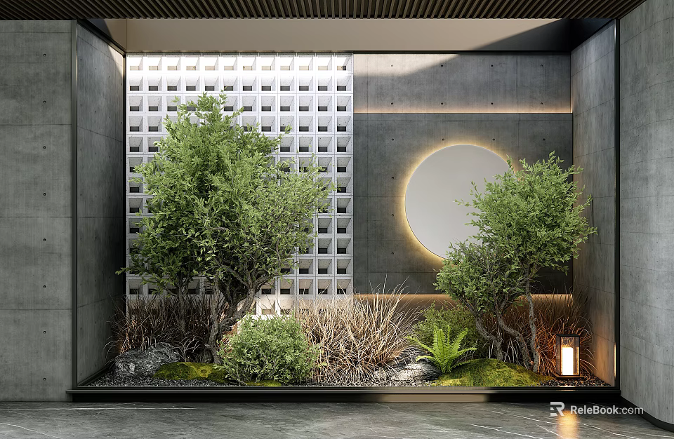 Serene Indoor Landscape With Grid Panel Moon Light And Green Plants 3d model 