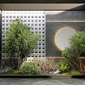 Serene Indoor Landscape With Grid Panel Moon Light And Green Plants