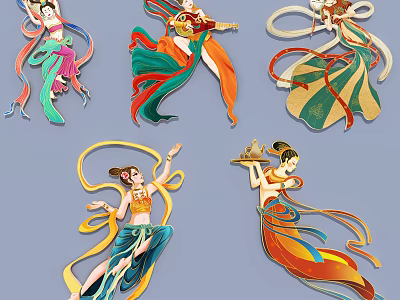 Traditional Chinese Flying Fairy Hanging Decorations with Vibrant Colors Flowing Ribbons and Elegant Dancing Poses 3d model