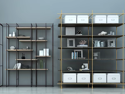Modern Shelving Units With Gold Black Frames Storage Drawers Open Shelves And Decorative Items 3d model
