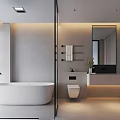 Modern Bathroom Interior With Freestanding Bathtub Vanity Mirror And Recessed Lighting