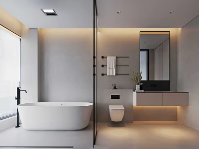 Modern Bathroom Interior With Freestanding Bathtub Vanity Mirror And Recessed Lighting 3d model