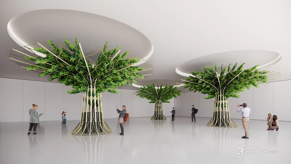 Exhibition Hall Sculptural Columns With Tree Shaped Design And Green Foliage In Visitor Space 3d model 
