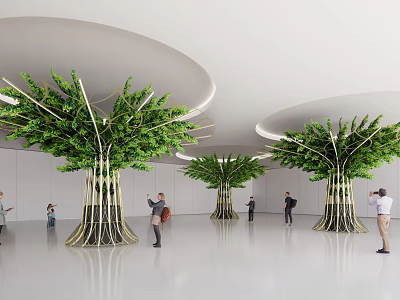 Exhibition Hall Sculptural Columns With Tree Shaped Design And Green Foliage In Visitor Space 3d model