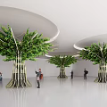 Exhibition Hall Sculptural Columns With Tree Shaped Design And Green Foliage In Visitor Space
