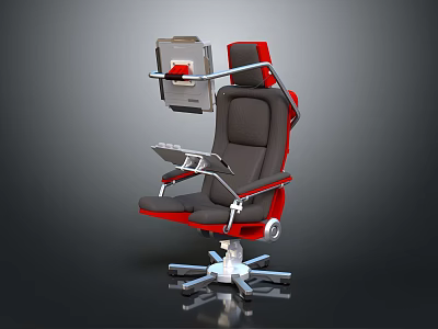 Ergonomic Office Chair With Red Frame Gray Seat And Adjustable Monitor Tray 3d model