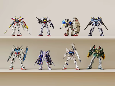 Assorted Robot Model Decorative Figurine Set Displayed On Shelves 3d model