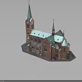 Red Brick Church Architecture With Green Roof Spires Clock Tower And Arch Windows