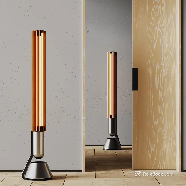 Modern Floor Lamps With Wooden Slats And Metal Bases 3d model 