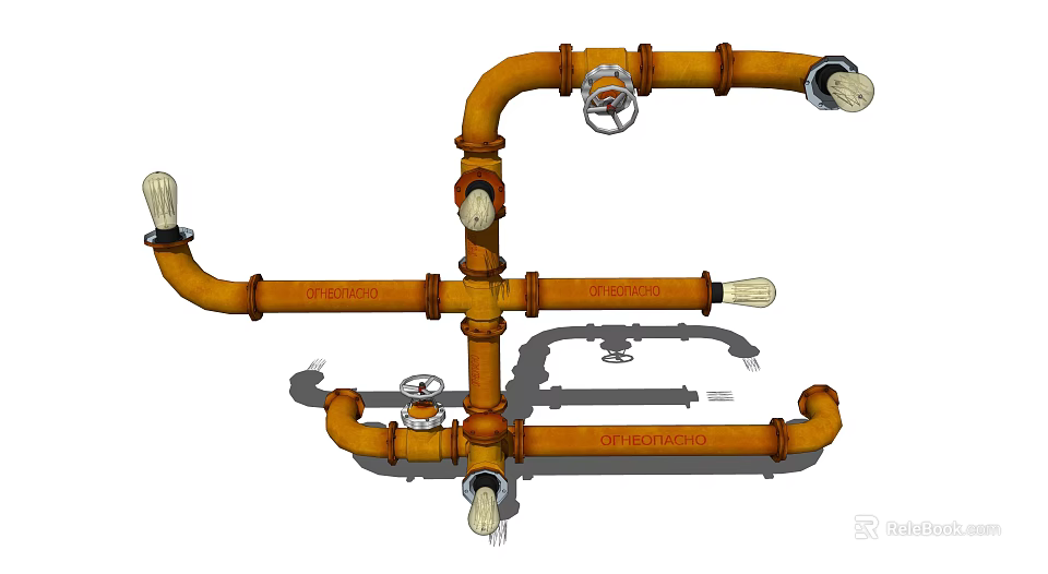 Unique Industrial Style Decorative Light with Orange Pipes Valves and Bulbs 3d model 