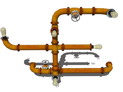 Unique Industrial Style Decorative Light with Orange Pipes Valves and Bulbs 3d model