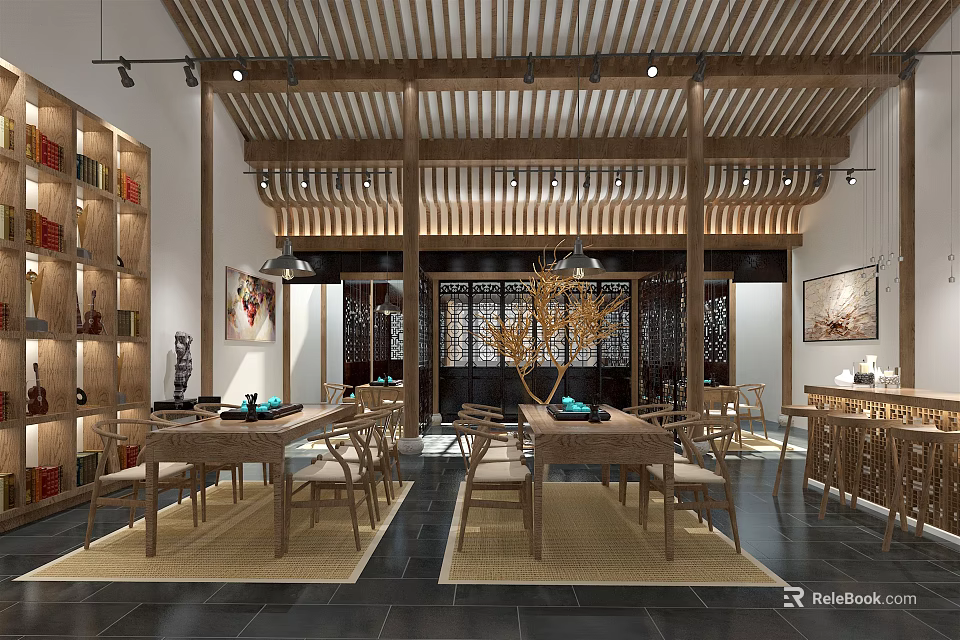 Traditional Chinese Restaurant Interior With Wooden Decor Dining Tables And Carved Screens 3d model 
