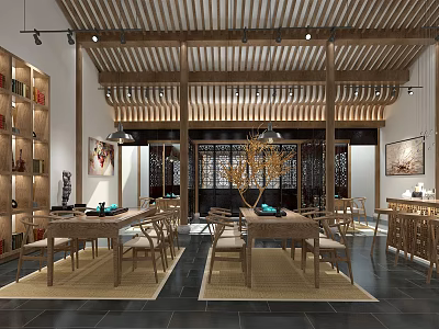 Traditional Chinese Restaurant Interior With Wooden Decor Dining Tables And Carved Screens 3d model