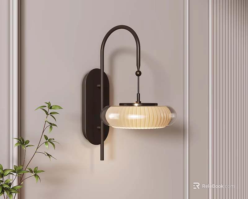 Modern Sleek Wall Lamp With Metal Bracket And Textured Shade On Beige Wall Beside Green Plant 3d model 