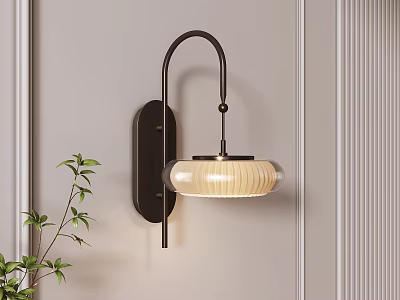 Modern Sleek Wall Lamp With Metal Bracket And Textured Shade On Beige Wall Beside Green Plant 3d model