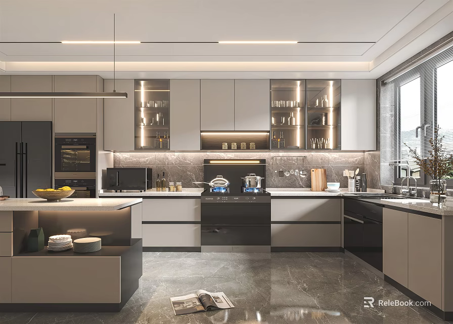 Modern Open Kitchen Interior With Marble Island Cabinets Appliances And Lighting 3d model 