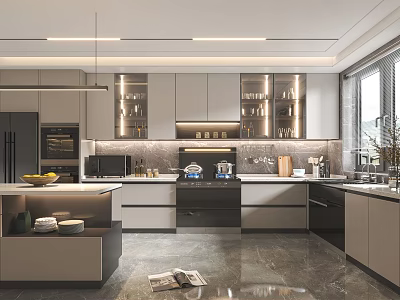 Modern Open Kitchen Interior With Marble Island Cabinets Appliances And Lighting 3d model