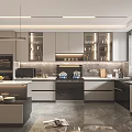 Modern Open Kitchen Interior With Marble Island Cabinets Appliances And Lighting