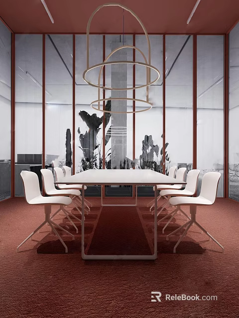Modern Conference Room Interior Design With Large Conference Table And White Chairs 3d model 