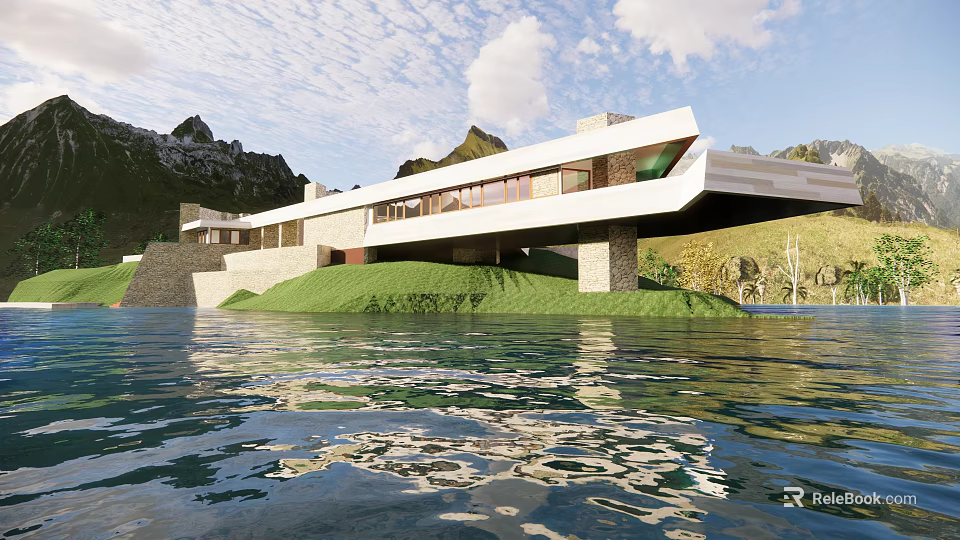 Modern Office Building With Glass Curtain Wall Green Roof And Waterfront Surroundings 3d model 