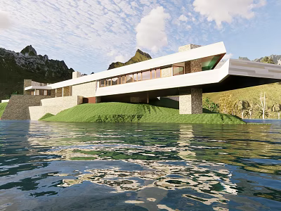 Modern Office Building With Glass Curtain Wall Green Roof And Waterfront Surroundings 3d model