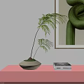 Bonsai Plant In White Pot On Black Cabinet With Books And Green Abstract Painting