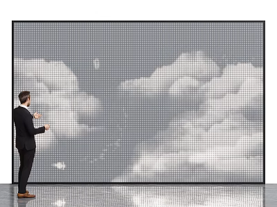 Businessman Interacting With Large Digital Screen Showing Clouds And Pixelated 3d model